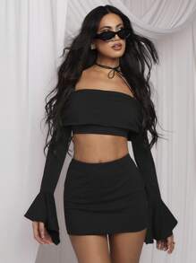 COSMINA 2 pièces Ensemble robe côtelée noire à manches évasées, tenue de resort élégante pour femmes, printemps/été - Noir - Voir 1
