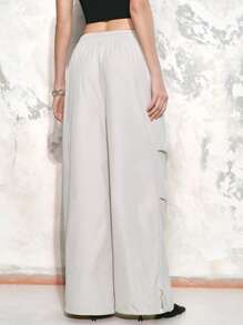 SHEIN LUNE 女士宽松阔腿抽绳口袋工装裤，休闲长裤 - 杏色 - 查看 2