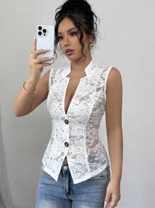 Elenzga Sheer Lace Sleeveless Vest Jacket - White - View 6