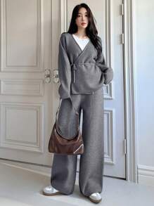 DAZY 2pcs Set Women Spring Office Knitted Sweater Outfit,Fall Clothes - Dark Grey - View 5