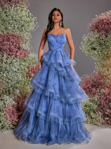 Glamrae Elegant Blue Tube Top V-Neck Digitally Printed Heavy-Duty Whole Piece Pleated Multi-Layer Cake Pagoda Skirt With Adjustable Straps At The Back Suitable For Dates, Vacation Photos, Bachelor Parties, Wedding Events, Graduation And Back-To-School Season Heavy-Duty Dinner Dresses