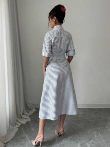 Rafferiza Black & White Striped Collared Cinched Waist Flared Dress - Black and White - View 2