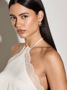 AiiRZ Top de satén de tirante al cuello con ribete de encaje - Albaricoque - Ver 6