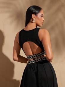 Vixey Decorative Band Cut Out Back Cropped Tank Top, Summer Tops, Boho, Boho Women Clothing, Beach Outfits For Women, Summer Outfits For Women, Spring Outfits For Women, Island Vacation Outfits - Black - View 5