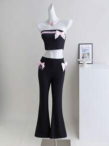 Teen Girls Tube Top With Bow Detail & Flared Pants Sets, Pink And Black Colorblock
