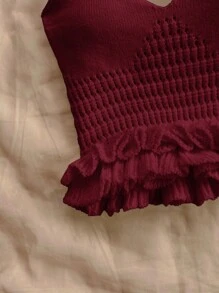 Soleia 休闲纯色荷叶边饰挂脖针织上衣 - 酒紅色 - 查看 4