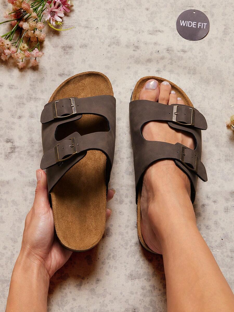 SHUZIA 女士宽版时尚休闲舒适仿皮平底凉鞋 - 摩卡棕 - 查看 1