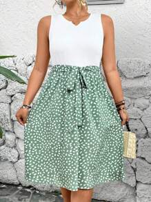 Breezaya Plus Size Boho Women's Polka Dot Print Patchwork Slip Dress, Vacation Style, Spring/Summer