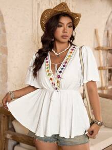 Breezaya Colorful Floral Patchwork Waist-Tie V-Neck Tassel Bohemian Casual Blouse, Loose Flared Hem, Shoulder-Off Short Sleeve, Chic & Versatile, Plus Size, Suitable For Music Festival, Valentine's Day, Thanksgiving, Leisure Gathering, Beach Vacation, Picnic