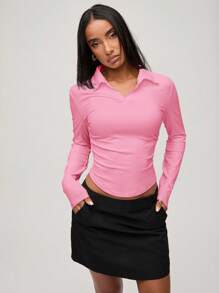 SHEIN BASICS Casual Solid Color Knitted Lapel Partial Button Down Long Sleeve Ruched Side Women Top - Pink - View 8