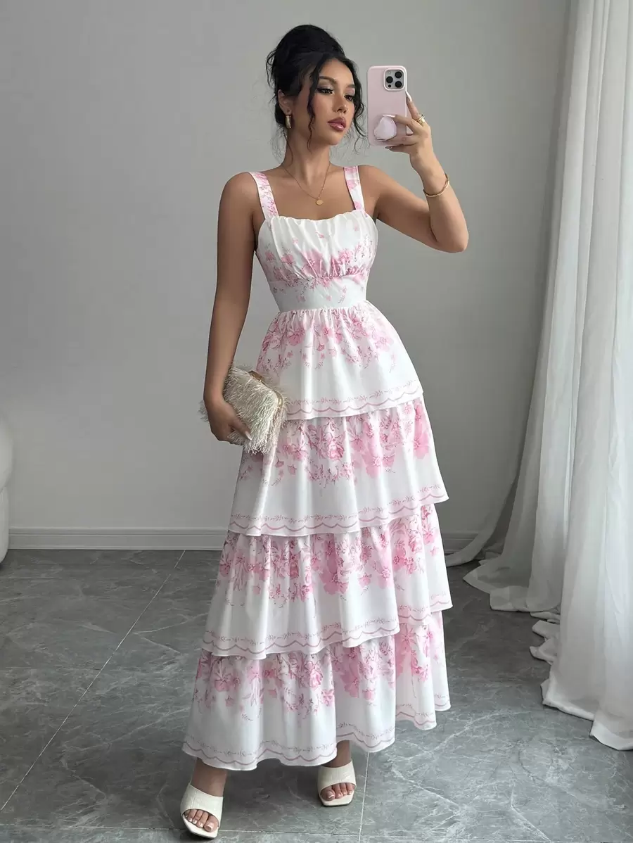 Elenzga 女士花卉印花分层荷叶边下摆无袖连衣裙