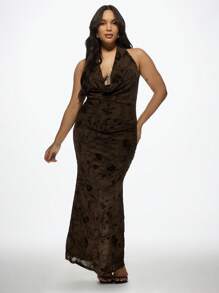 MISSGUIDED PLUS 大码花卉丝绒吊带长款连衣裙晚礼服特殊场合派对正式优雅假日婚礼宾客礼服 - 墨綠色 - 查看 4