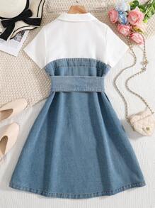 Tween Girl Patchwork Denim 2 In 1 Dress - Medium Wash - View 2