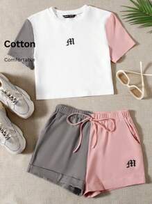SHEIN EZwear Colorblock Sleeve Graphic Print Top & Rolled Hem Shorts Set