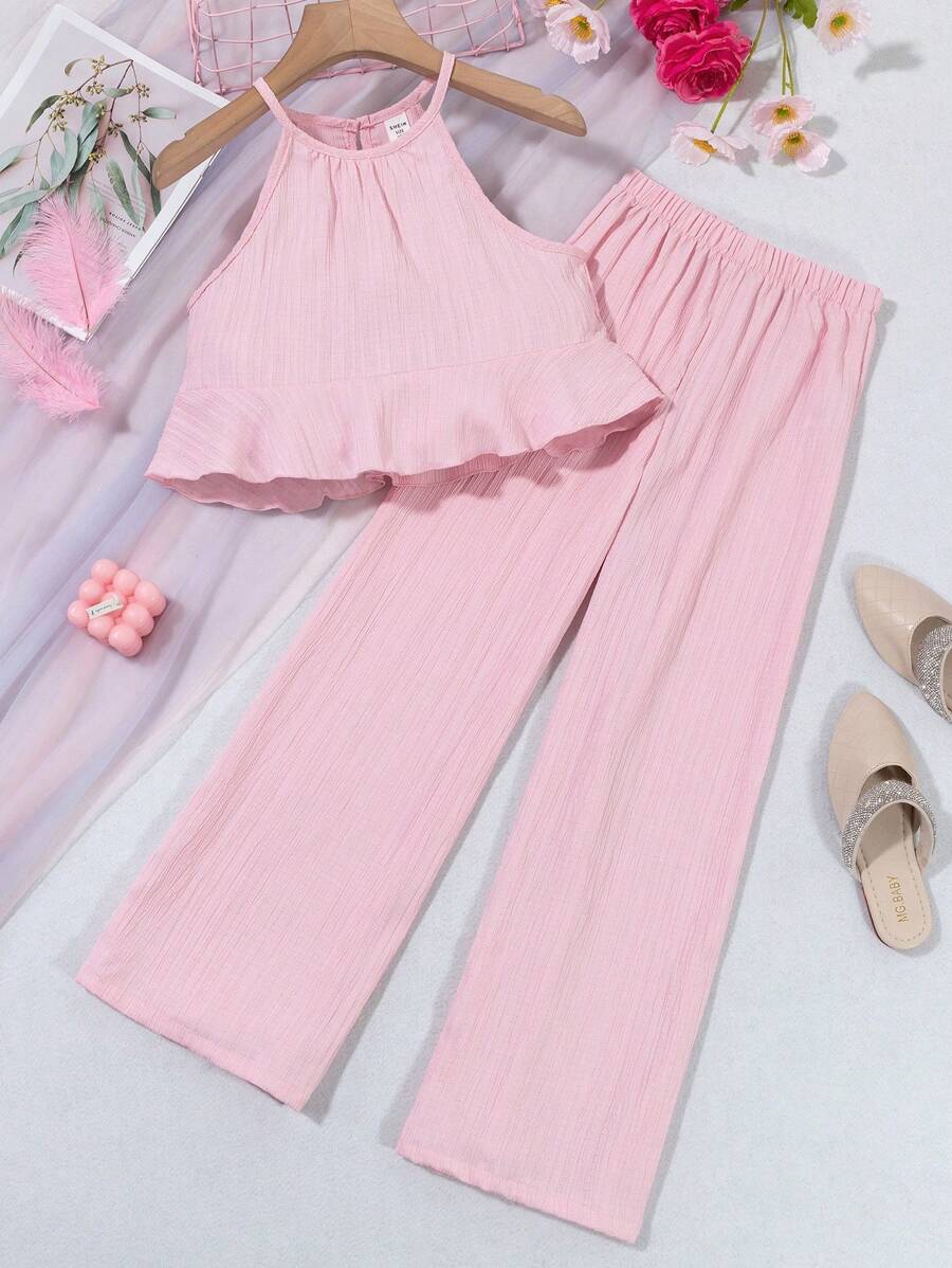 SHEIN Vintaside Kids Tween Girl Solid Color Ruffle Halter Top And Wide Leg Pants 2 Pieces Set, Casual - Pink - View 1