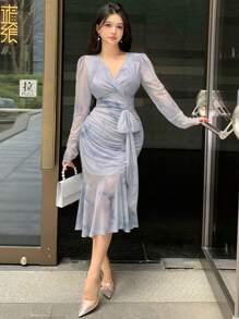 DAZY Women's V Neck Floral Mesh Lace Up Ruched Fishtail Midi Dress Prom Dress,Ruffle,Fall Dress - Blue - View 4