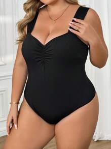 SHEIN CURVE+ Women's Plus Size Ruched Front Knitted Bodysuit, Elastic Black Camisole, Spring/Summer - Black - View 4