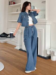 DAZY 女士休闲宽松口袋衬衫和阔腿牛仔裤两件套 - 中等水洗藍 - 查看 5