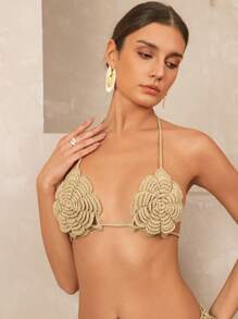 Women's Crochet Openwork Floral Halter Beach Cover Up Top, Solid Color Summer Ladies Holiday, For Summer Beach Vacation - Khaki - View 1