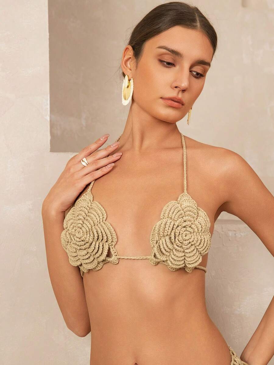 Women's Crochet Openwork Floral Halter Beach Cover Up Top, Solid Color Summer Ladies Holiday, For Summer Beach Vacation - Khaki - View 1