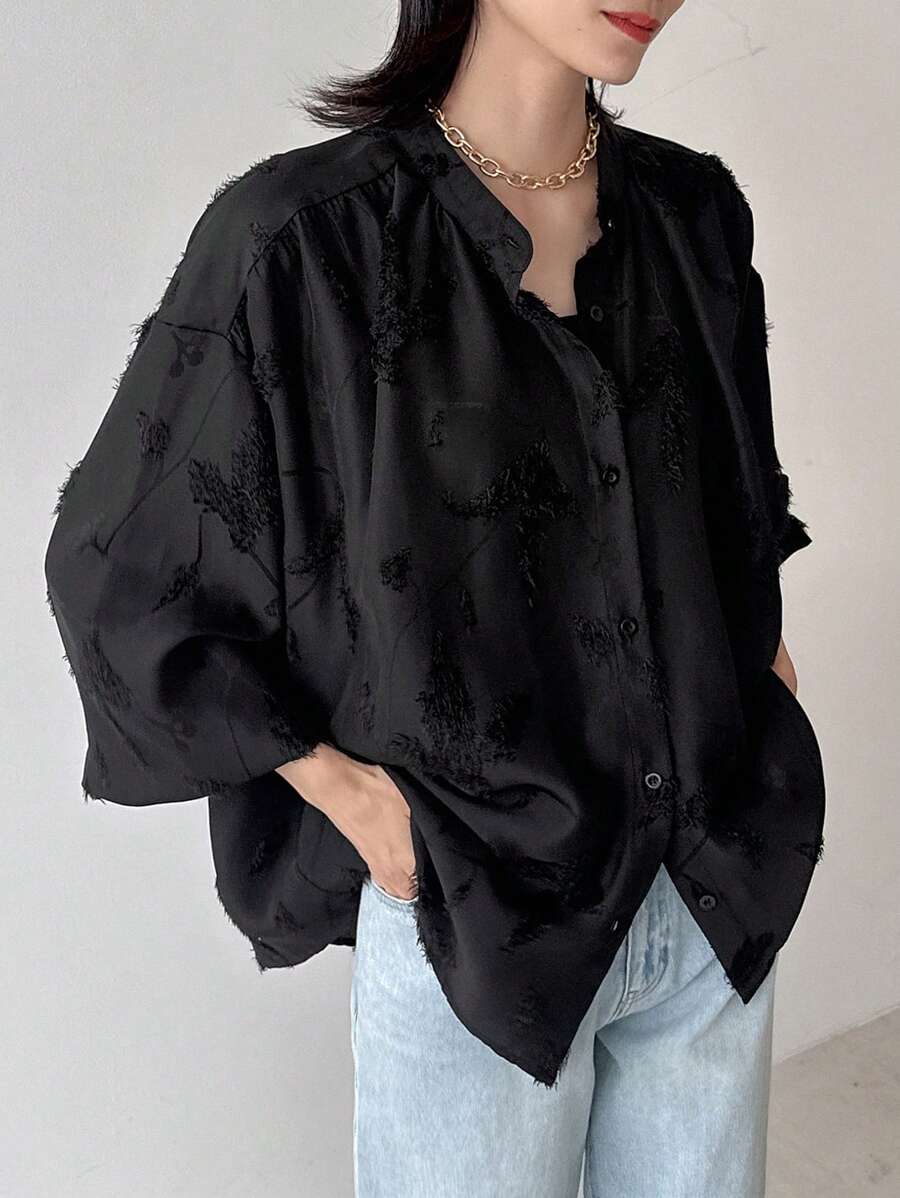 FRIFUL Women's Loose Textured Fabric Long Sleeve Shirt, Office/Commuting Style, Spring Fall - Black - View 1