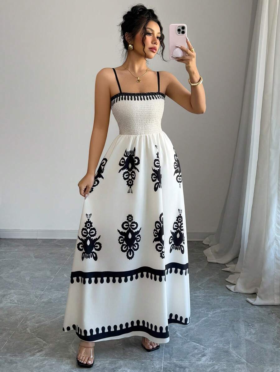 Elenzga Rochie imprimată fără mâneci pentru femei - Caisă - Vizualizare 1