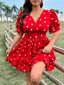 Sunnyshic Robe grande taille au style boho, col en V, imprimé floral, manches courtes, volants à l'ourlet, pois, pour la Saint-Valentin, pour l'été