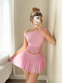 Sweetina Spring Outfits For Women Going Out Spring Break Asymmetrical Shoulder Top And Low-Waist Mesh Midi Pink Skirt 2 Pieces Outfit - Pink - View 6