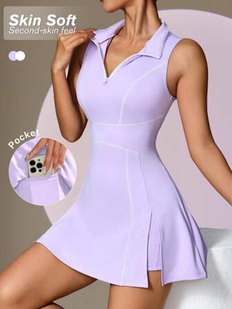 Slayform 2 pezzi Vestito sportivo da donna, polo a collo alto con chiusura lampo e spacchi, leggings, con tasche, adatto per allenamento all'aperto, casual e da ufficio