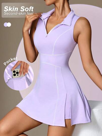 Easithlete 2pcs Women's Sports Dress, Yoga High Collar Zip-Up Polo Shirt With Split & Legging Pants, Pockets For Outdoor Workout, Casual And Office Wearathletic Dress