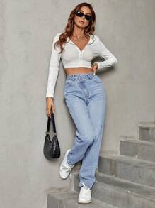 SHEIN Frenchy Stepped Waist Straight Leg Jeans Winter Casual - Light Wash - View 6