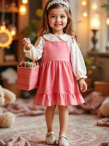 SHEIN Young Girl Casual Minimalist Fashion Daily Dress Set - Pink - View 1