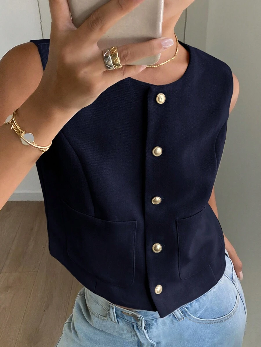 Livesso Casual Sleeveless Fitted Jacket, Women, Solid Color Round Neck, Spring/Summer,Fall Clothes - Navy Blue - View 1