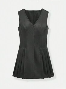 SHEIN EZwear 女士 V 领无袖褶皱简约休闲短款连衣裙 - 深灰色 - 查看 6