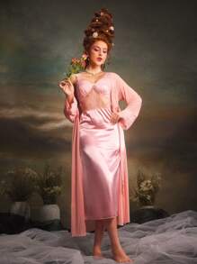 PinupGlam Retro Palace-Style Satin Mesh Lace Women Nightgown