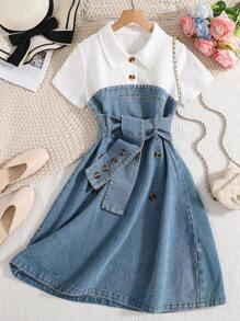 Tween Girl Patchwork Denim 2 In 1 Dress - Medium Wash - View 4