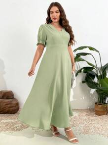 SHEIN Privé 大码女式优雅浪漫绿色春夏休闲连衣裙带口袋 - 綠色 - 查看 7