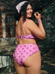 Swim Mod Plus Size Women 2pcs Random Floral Print Swimwear With Removable Straps And Ruffle Hem Bikini Set, Cute Beach Summer Vacation Outfit - Pink - View 2