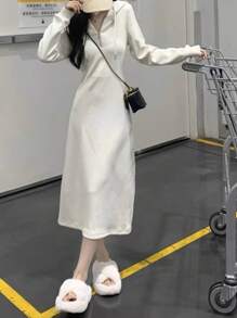 女士休闲纯色抽绳连帽连衣裙 - 杏色 - 查看 3