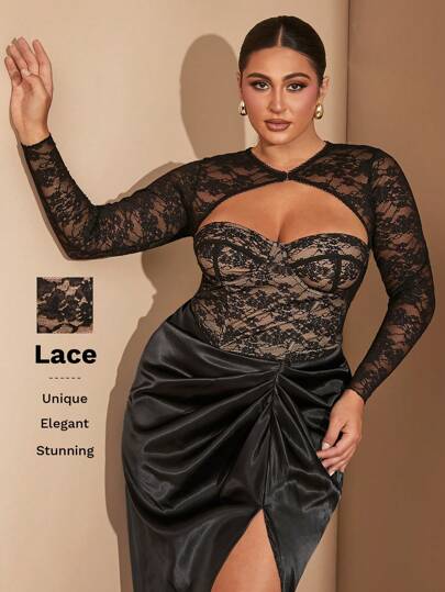 SHEIN BAE Charming Black Lace Halter Top For Plus Size Women, Sheer Details, Asymmetric Hem, Perfect For A Romantic Valentine's Day Floral Lace Halter Top With Bra Cutout Detail