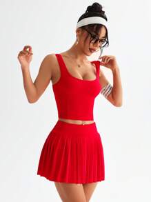 Easithlete Women's Solid Color Square Neck Tank Top & Pleated Shorts Sports Set - Red - View 5