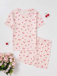 2 件装少女可爱樱桃印花短袖上衣和短裤睡衣套装