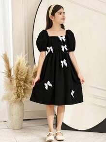 SHEIN Nova Glow Tween 女童梭织蝴蝶结方领泡泡袖迷你连衣裙 - 黑色 - 查看 6