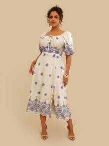 Travachic Vestido midi de mujer de manga abullonada, escote cuadrado, estampado floral azul en estilo retro y casual para vacaciones, para primavera/verano, tallas grandes - Azul - Ver 4