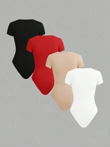 SHEIN BASICS 4pcs/Set Casual Solid Color Knit Crew Neck Short Sleeve Fitted Bodysuit For Women/Summer - Red - View 2