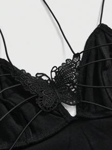 ROMWE Goth Áo hai dây hở lưng gợi cảm trang trí hình bướm ren tương phản - màu đen - Xem 3