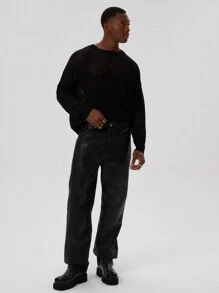 Musero Straight Leg PU Leather Button Fastening Washed Trouser Winter - Brown - View 2