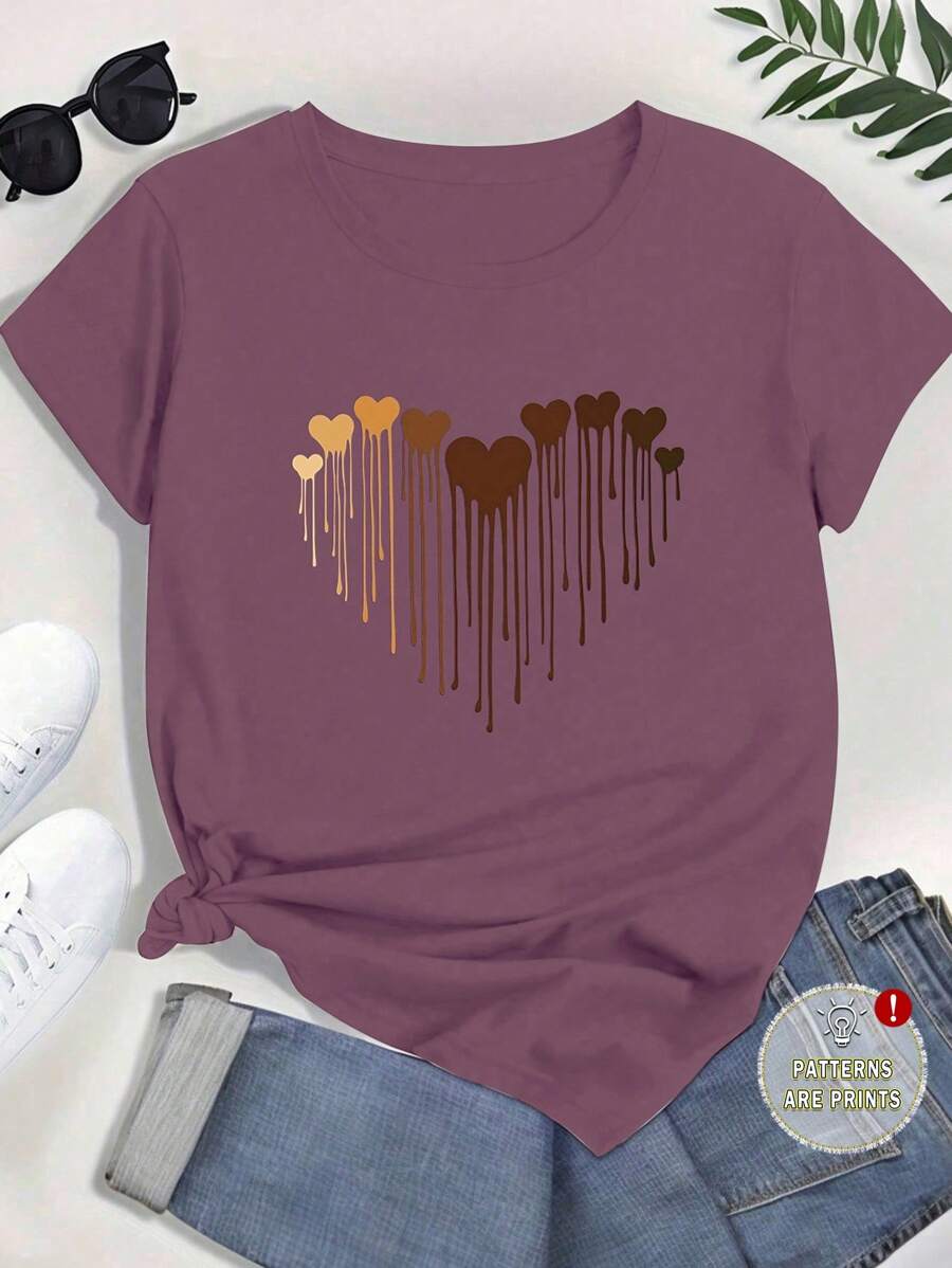 Áo thun tay ngắn cổ tròn in hình trái tim ngày lễ tình nhân cỡ lớn cho nữ mùa hè - Màu đỏ tím - Xem 1