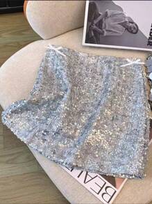 SHEIN Clasi Spring/Summer Sequins A-Line Mini Skirt With Zipper For Women - Silver - View 4