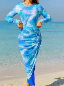 Swim Shayni 2024 年夏季三件套泳衣套装：长袖上衣、长裤和花卉印花连体泳衣（带裹身裙）、保守阿拉伯/布基尼泳装阿拉伯服装 - 彩色 - 查看 1